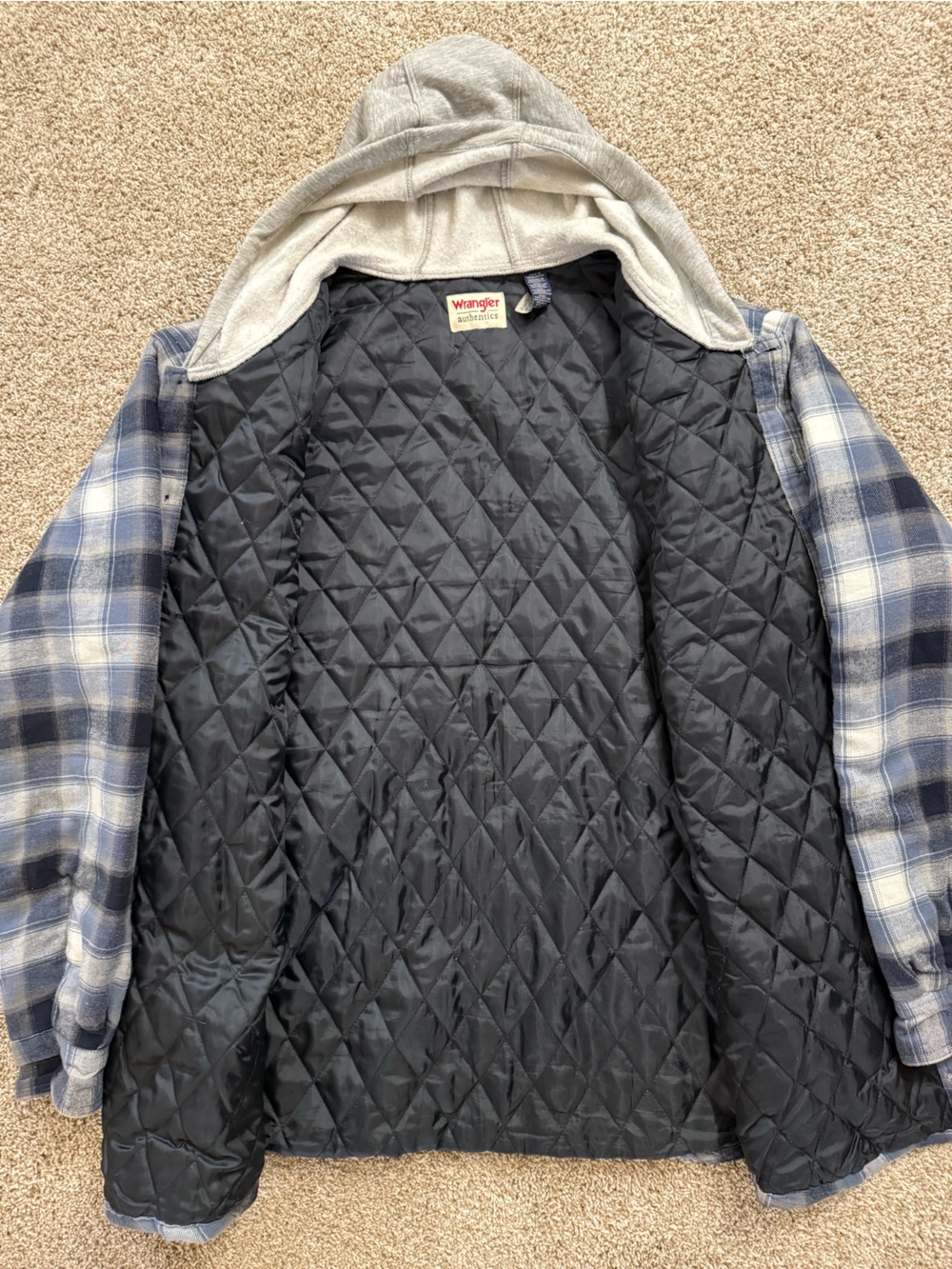 Wrangler Navy and Gray Plaid Hooded Flannel Shirt Jacket - Picture 3 of 3